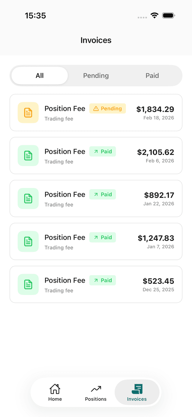 Earnings and billing screen
